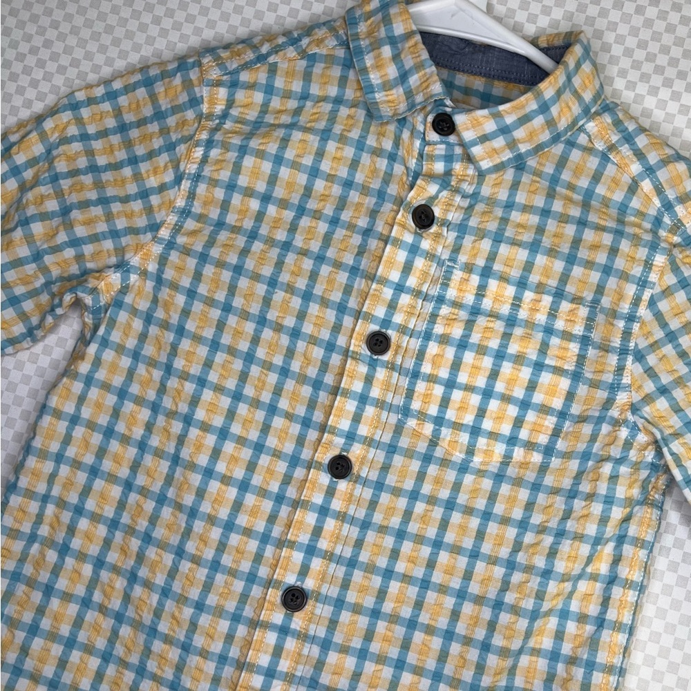 kid's Cat & Jack button down L/S shirt‎ Plaid White Yellow Blue XS(4/5)
